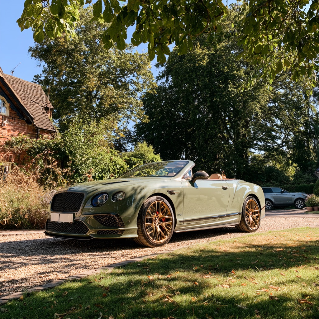 A sage-green convertible on a gravel drive with a Range Rover behind - court artwork